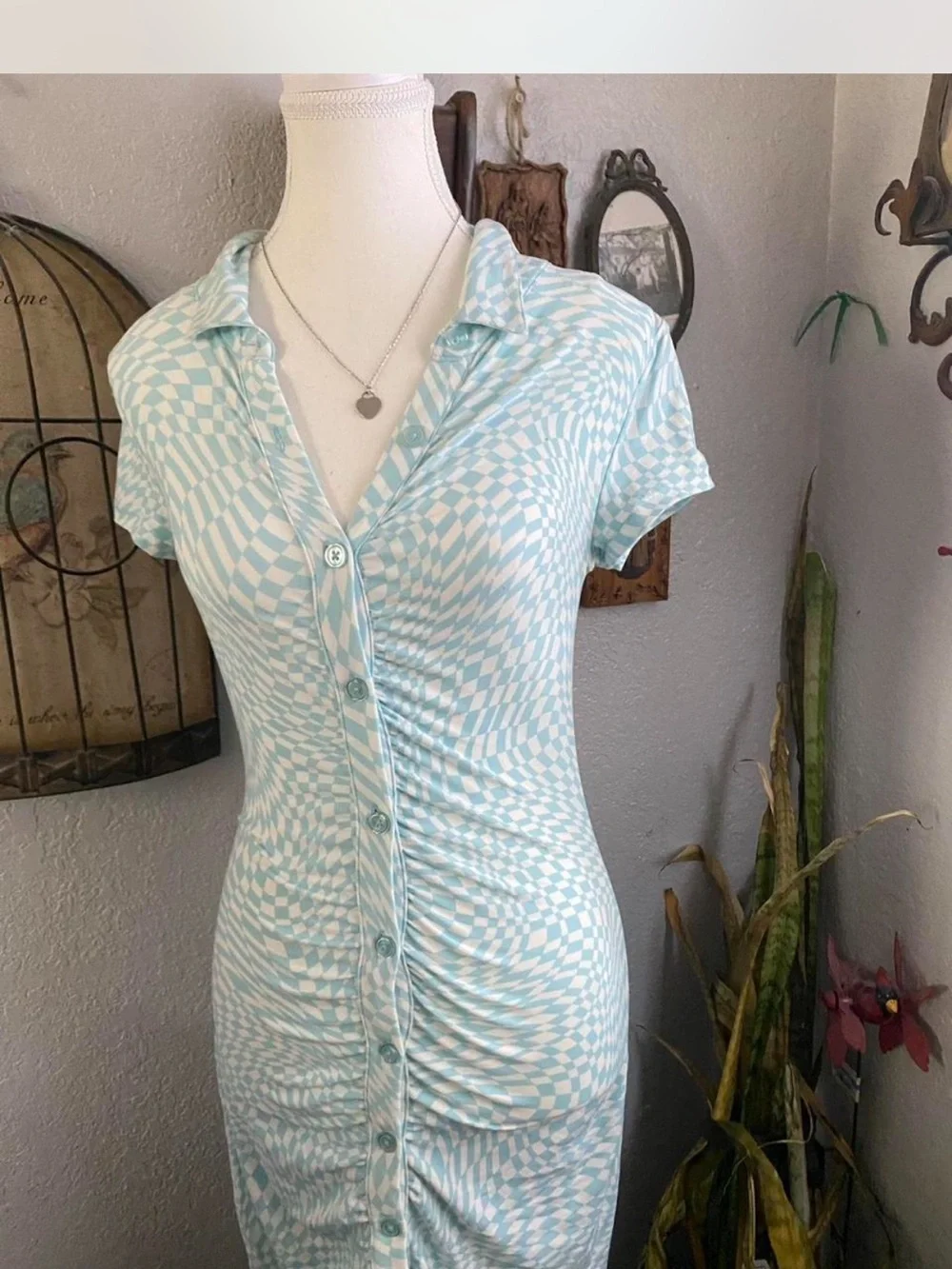 Light Blue Patterned Midi Button-Front Dress - Picture 2 of 7
